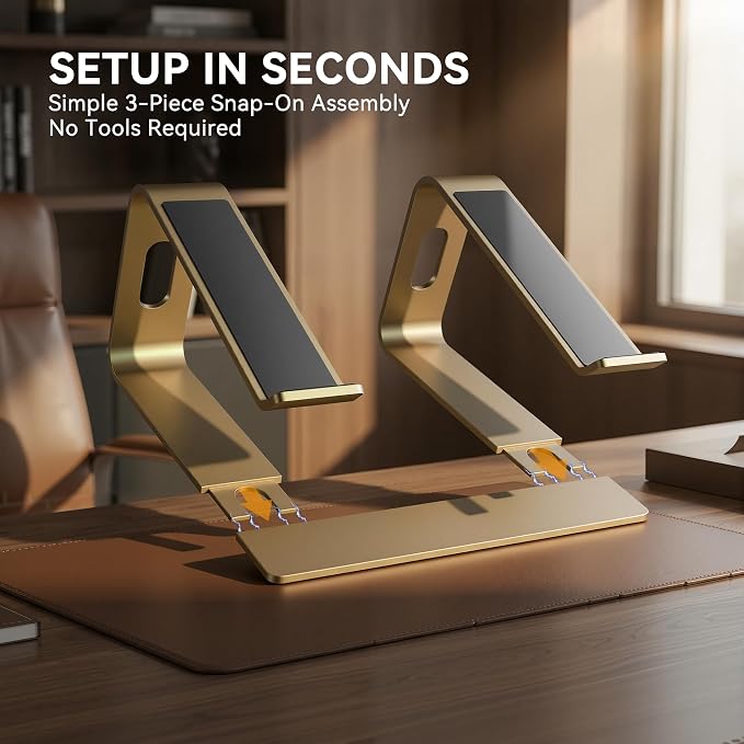 SOUNDANCE Laptop Stand, Aluminum Computer Riser, Ergonomic Laptops Elevator for Desk, Metal Holder Compatible with 10 to 15.6 Inches Notebook Computer, Gold - Image 6