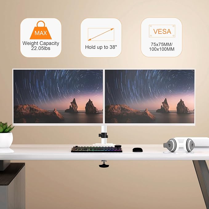 Pholiten Dual Monitor Stand, Heavy Duty Adjustable Monitor Arm Desk Mount for 2 Screens up to 38Inches, Tilt, Swivel, Rotate, Supports Tilt, Swivel, Rotate, Supports 22 lbs per Arm,White - Image 4