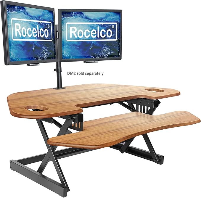 Rocelco 46" Large Height Adjustable Corner Standing Desk Converter - Quick Sit Stand Up Dual Monitor Riser - Gas Spring Assist Computer Workstation - Wide Keyboard Tray - Teak Wood Grain (R CADRT-46) by Rocelco