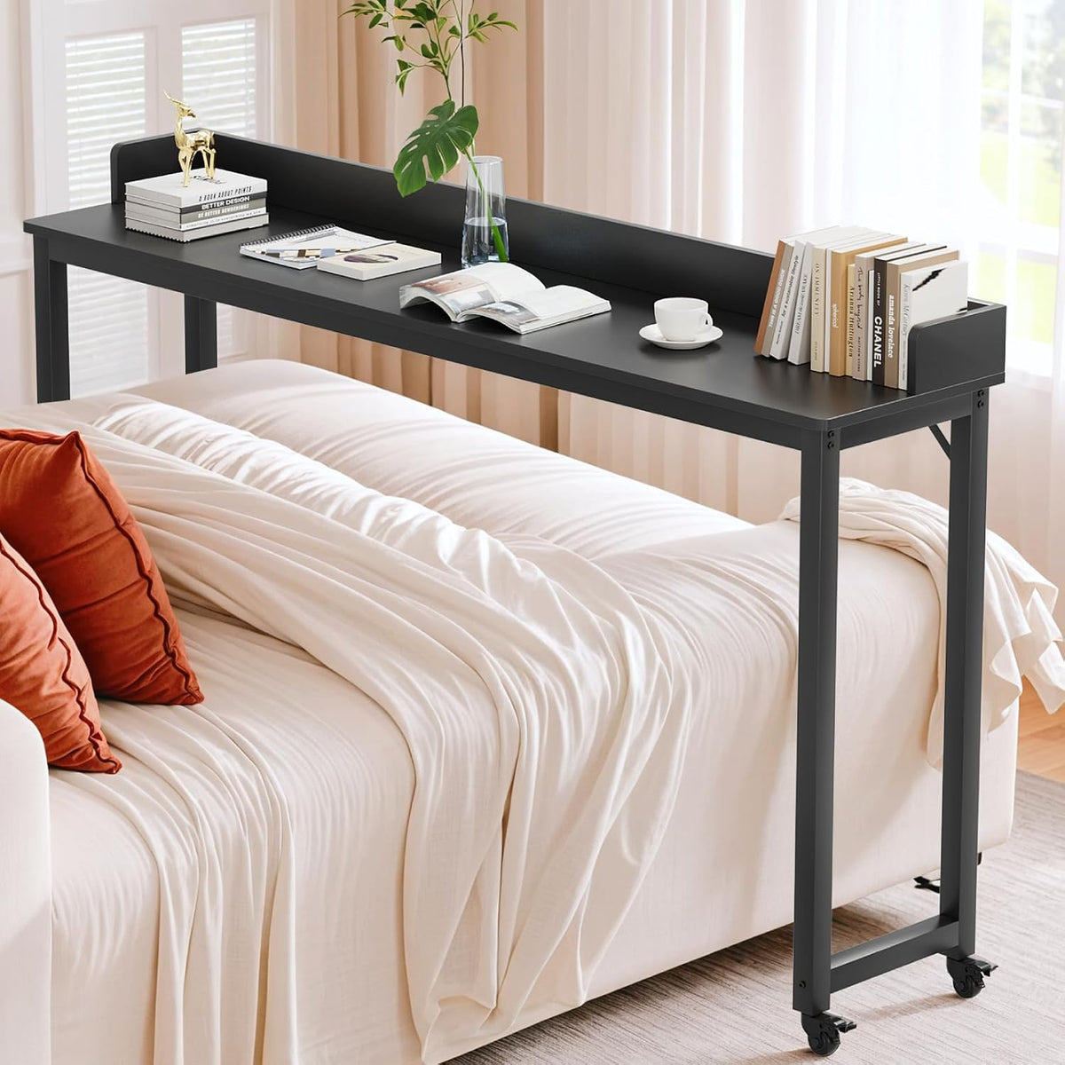 Overbed Table with 360° Wheels, Queen Size Mobile Bed Desk, Black by Arlopu