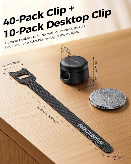 Rocoren 50‑Pack Rotatable Cable Clips & Cord Straps Cable Management Kit | 10 Magnetic Clips & 40 Reusable Hook and Loop Cord Straps, Cord Holder Accessories for Under Desk, Nightstand, Home & Office - Image 7