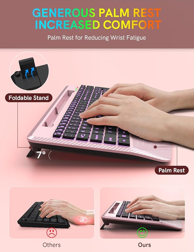 Wireless Keyboard, 7 Colored Backlits, Wrist Rest, Phone Holder-Rose gold | Rechargeable Ergonomic Computer Keyboard with Silent Keys, Full Size Lighted Keyboard for Windows, Mac, PC, Laptop - Image 3