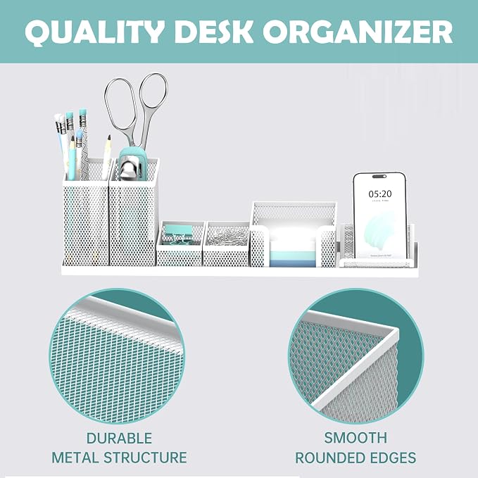 Pen Holder for Desk, 6-Piece Mesh Desk Organizer with Phone Holder, White | 6-Piece Black Mesh Desk Set Includes Pen Cups, a Sticky Note Caddy and Phone Holder for Office, School, Home - Image 4