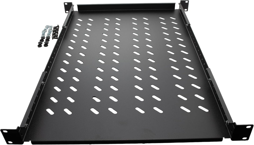 Vented 4-Post Shelf, Adjustable, Black, 650 mm Depth, 1U, 242 lbs, Cold Rolled Steel, CE Compliant - Image 4