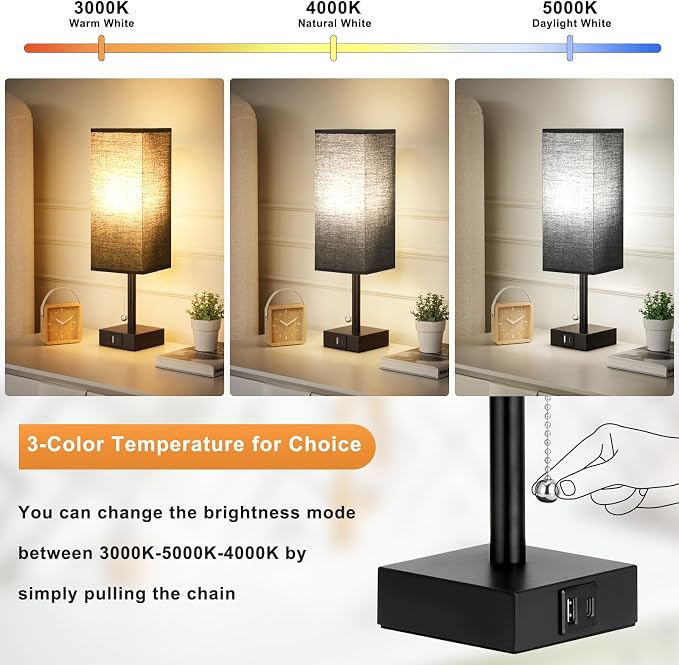 Set of 2 Black Bedside Table Lamps for Bedroom - Nightstand Lamp, USB C+A | Pull Chain Lamp, 3 Color Modes(3000K/4000K/5000K), E26 LED Bulb Included, Square Black Fabric Lampshade, for Read, Work, Dorm - Image 2