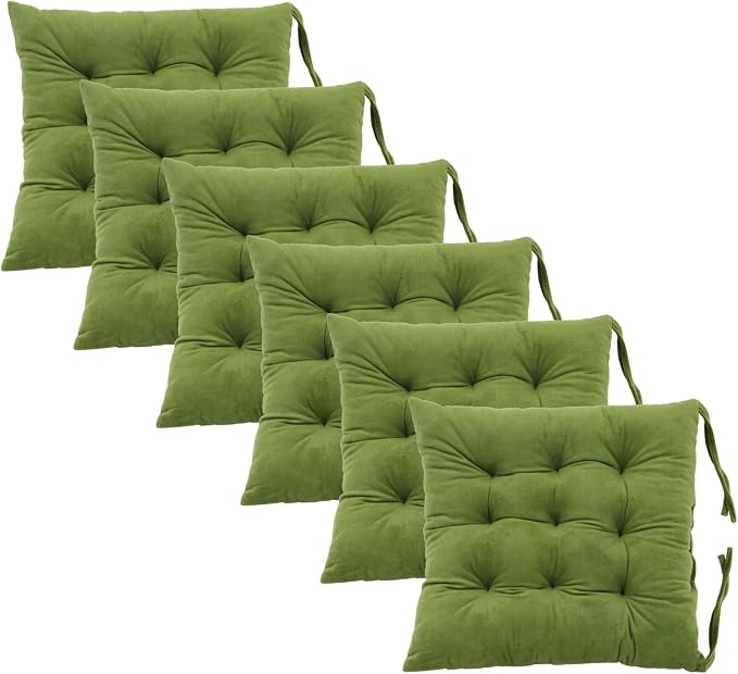 6 Pack Square Seat Cushion Chair Pads for Kitchen Dining Chairs, Soft Comfort Velvet Chair Mat Pillow Cushions with Ties for Office Desk Living Room Tatami 15.5", Green by MissSoul