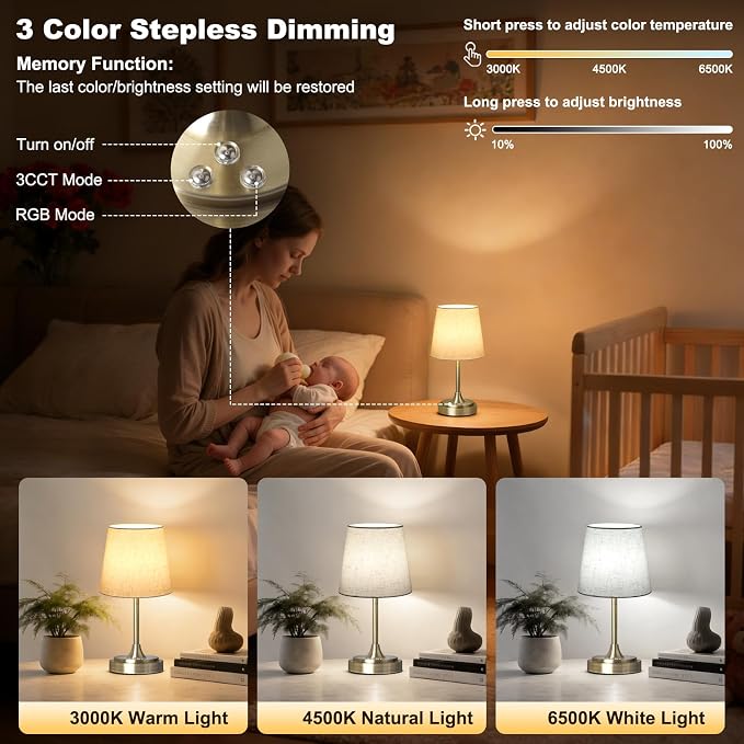 Wowag Small Cordless Table Lamp Rechargeable,5000mAh Battery Operated Desk Lamp,3 Colors & 7 RGB Stepless Dimmable,Touch Ambient Light for Bedside,Bedroom,Dining Room,Living Room,Bronze,FlaxenShade - Image 2