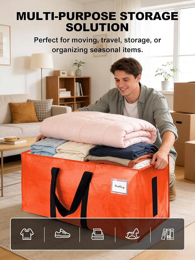 HOMESURE Supports 200lbs Heavy Duty Moving Bags - Strong Zipper & Wrap-Around Handles - Water-Resistant Storage Totes, Durable Alternative to Moving Boxes - 8 Pack - Orange - Image 4