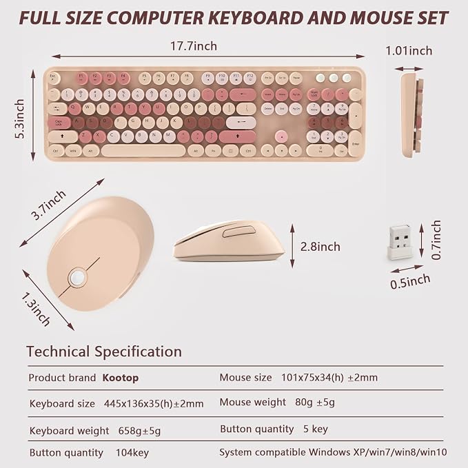 Cute Colorful Retro Typewriter Wireless Keyboard Mouse Combo | Retro Typewriter Keyboard with Round Keycaps, Full-Size Ergonomic, Ideal for Windows PC, Home, Office, - Image 7
