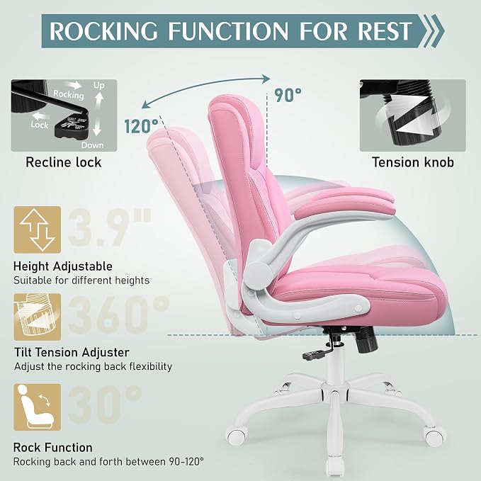 Leather Office Chair, PU Home Computer Desk Chairs with Ergonomic Back Support, 360°Swivel Free，Small Gaming Chair with Wheels and Adjustable Armrests, for Short People Use - Image 7