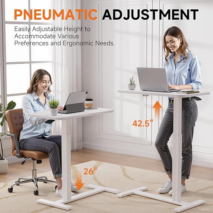GTPLAYER Small Standing Desk with Hidden Wheels, Pneumatic Mobile Rolling Laptop Desk, Adjustable Height Overbed Bedside Table Computer Workstation for Home Office (28" W x 16" D, White) - Image 4