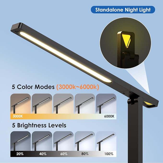 Infiway Desk Lamp with USB Charging Port: LED Stepless Dimmable Eye Caring Desk Light for Home Office - 1 Type-C, 1 USB-A Charging Port, 2 AC Power Outlets, Multiple Light Modes for Study and Bedroom - Image 6
