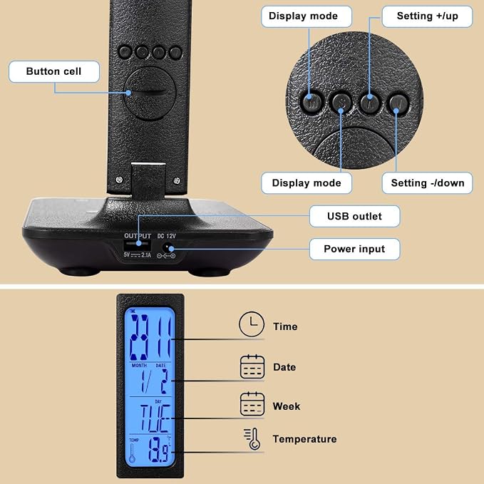 LED Desk Lamp with Wireless Charger, Suitable for Home, Office Dimmable, with USB Charging Port, Built-in Clock, Calendar, Thermometer and Automatic Timing Reading Desk Lamp. - Image 5