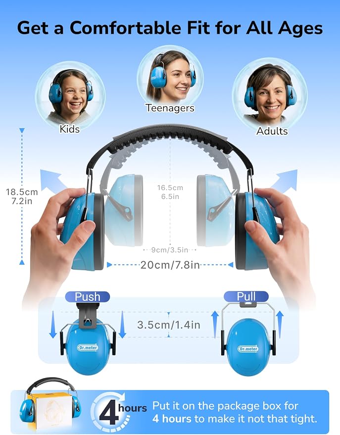 Dr.meter Noise Reduction Ear Muffs, Ear Protection Noise Cancelling Headphones for Adults, Kids Autism Sensory, 31dB Hearing Protection Earmuffs for Shooting Gun Range, Mowing, Fireworks, Blue - Image 9