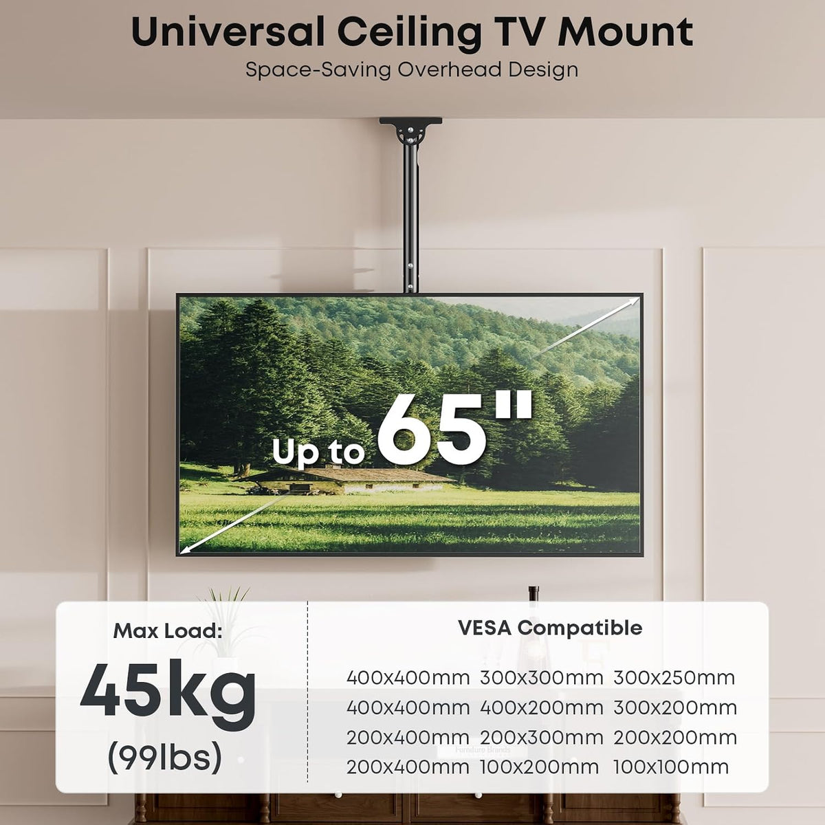 Ceiling TV Mount for 26-65 inch TVs, Full Motion Tilt & 360° Swivel - Image 2