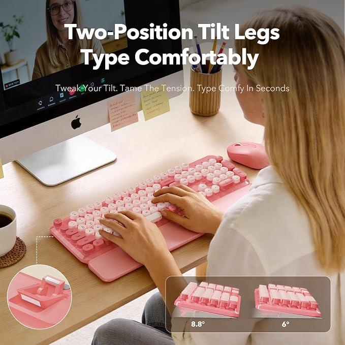 Wireless Keyboard and Mouse Combo, Pink, Round Keycaps, Magnetic Wrist Rest - Image 4