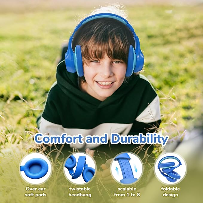 EarFun K4NC Active Noise Cancelling Headphones for Kids,120H Playtime Blue | 74/85/94dBA Volume Limited, Kids Bluetooth Headphones with Mic, Bluetooth 5.4 Stereo Sound Kid Headset for School/Home/Travel - Image 7