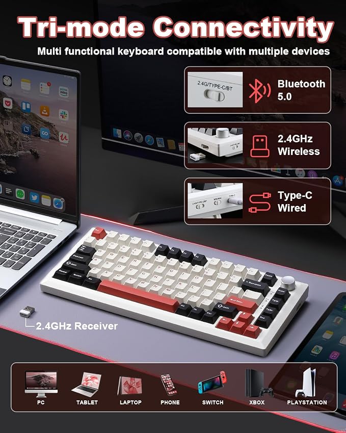 Y75 Wireless Mechanical Keyboard,75% Hot Swappable Custom Keyboard with Knob,RGB Backlit, PBT Keycaps,2.4GHz/USB-C/BT5.0 Mechanical Gaming Keyboards(White&Red,Milk Switch) - Image 3