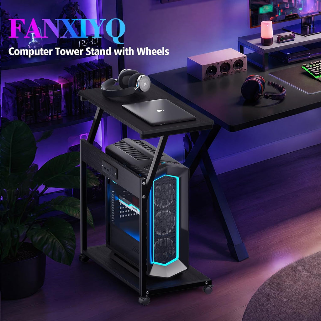 FANXIYQ Computer Tower Stand with Charging Station, Rolling PC Cart, Black - Image 3