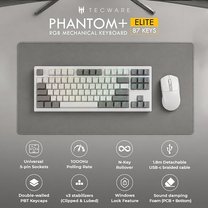 TECWARE Phantom+ Elite 87 Key RGB Mechanical Gaming Keyboard | 3 Mode Wireless Bluetooth 5.0 2.4GHz & USB C Wired | Hot Swappable 5 Pin | Double Shot PBT Keycaps | Wraith Pink Switch - White - Image 2