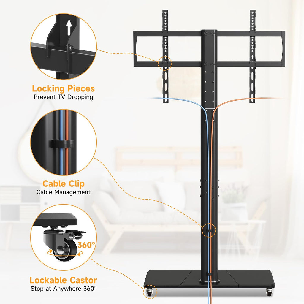Tall Floor TV Stand for 32-75" TV Portable Rolling TV Cart with Wheels Height Adjustable with Wood Base, Holds up to 88 lbs, Max VESA 600x400mm TS005HB - Image 6