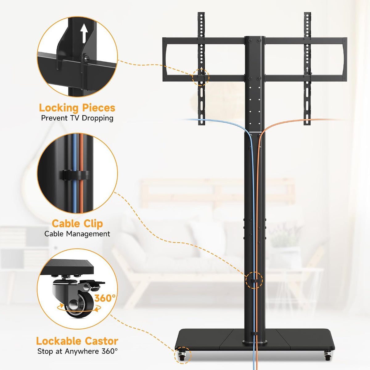 Tall Floor TV Stand for 32-75" TV Portable Rolling TV Cart with Wheels Height Adjustable with Wood Base, Holds up to 88 lbs, Max VESA 600x400mm TS005HB - Image 6
