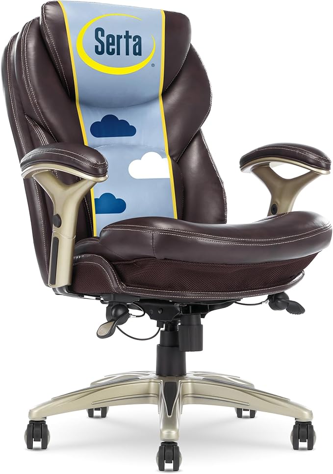 Serta Ergonomic Home Office Chair Pivot Lumbar Support, Leather Desk Chair | Claremont, Adjustable Arms, Height & Tilt, Foam Seat & Headrest Cushion, Home Gaming Chair lower Back Pain, Chestnut Brown by Serta