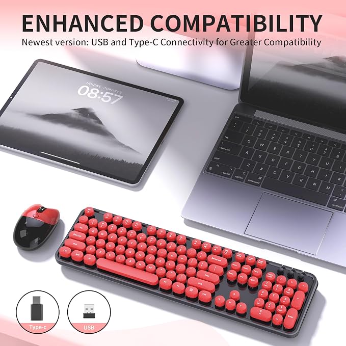 Wireless Keyboard Mouse Combo, 104 Keys Cute Colorful Typewriter Black Red | Full Size With Number Pad & Mouse,1600DPI,Compatible With All Windows,Ideal For Computer, PC, Notebook, Laptop - Image 7