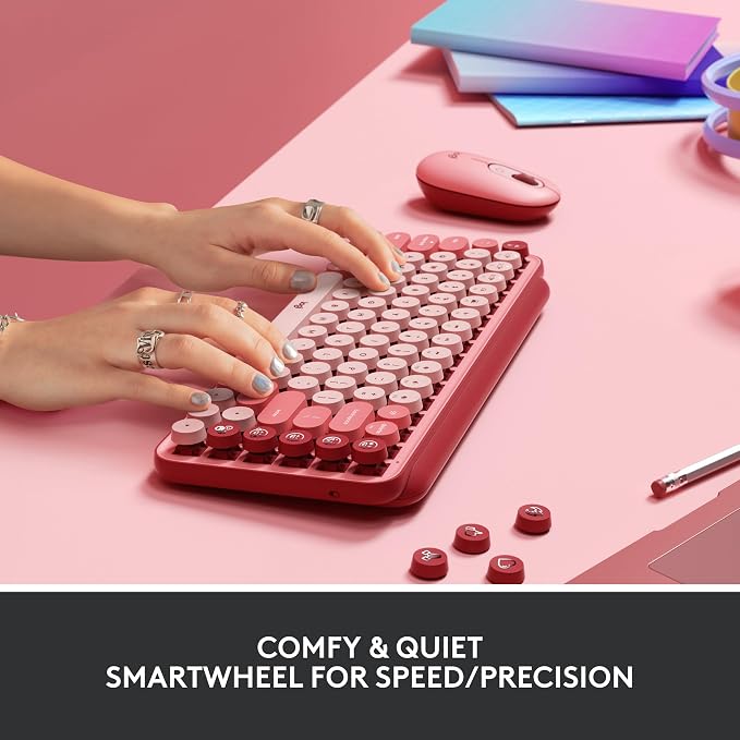Logitech POP Keys + POP Mouse - Wireless Keyboard and Bluetooth Mouse Combo with Typewriter-Style Mechanical Keys, Emoji Features, Cute Compact Design - Heartbreaker Rose - Image 4