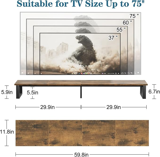 aboxoo 59" Large TV Riser Stand for 32-75 Inch TV, TV Shelf with Steel Legs | Brown TV Riser Stand with Storage, Tabletop TV Riser for Home Living Room, Study Office, Fit TV, Monitor, Laptop - Image 2