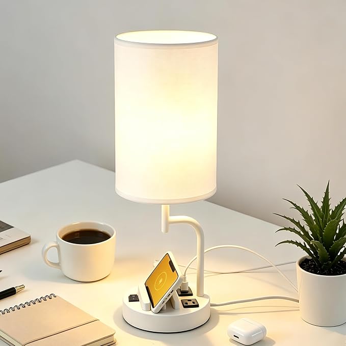 Dreamholder 2 Pack Table Lamp, Bedside Lamp with 3 USB Charging Ports & AC Outlet, USB Desk Lamp with 2 Phone Holders, Linen Fabric Shade Nightstand Lamps for Bedroom Living Room Office, White - Image 6
