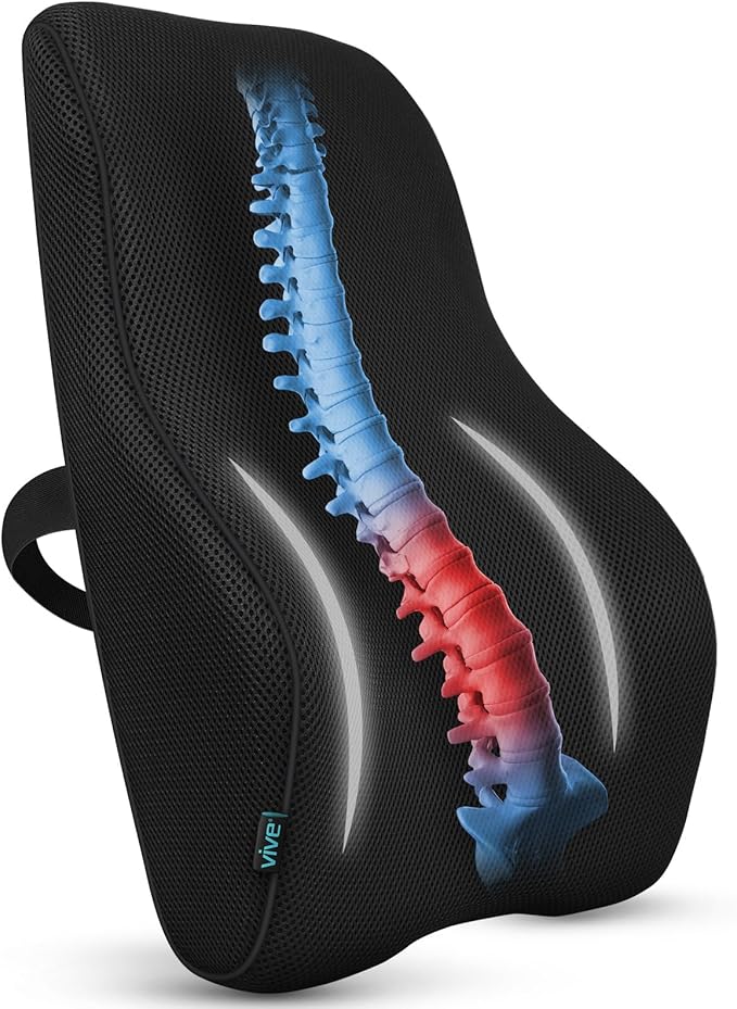 Vive Full Lumbar Cushion - Memory Foam Contour Support for Lower Back Pain | Ergonomic Pressure Relief for Office Chair, Car - Large Mesh Orthopedic Seat Backrest Roll for Improving Posture (Black) by Vive