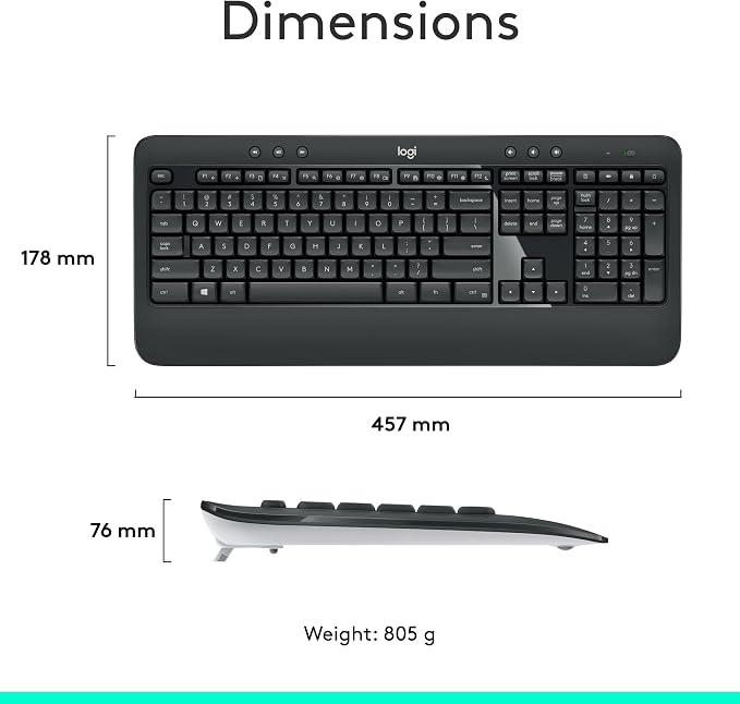 Logitech MK540 Full Size Advanced Wireless Keyboard and Mouse Combo | Full size quiet keyboard with number pad & integrated palm rest, full size ambidextrous mouse, includes USB-A Nano Receiver - Image 8