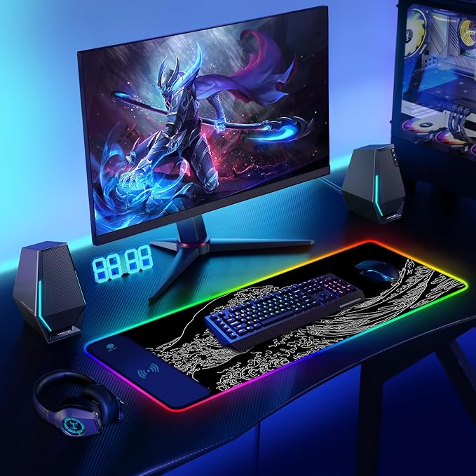 ToLuLu RGB Wireless Charging Gaming Mouse Pad, 7.5/10/15W 10 Light Modes LED Mouse Pad Computer Keyboard Mat Mousepad, 800x300x4MM Extended Large Desk Pad Mat, Japanese Kanagawa Sea Wave Black White - Image 8