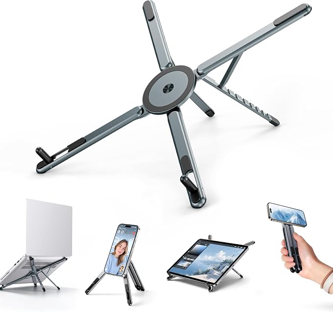 Portable Laptop Stand, 3-in-1 Magnetic Foldable Adjustable, for Desk（Gray） | Aluminum alloy, lightweight compact, 8-level height, ergonomic, for phone/tablet, home office/travel by Boneruy
