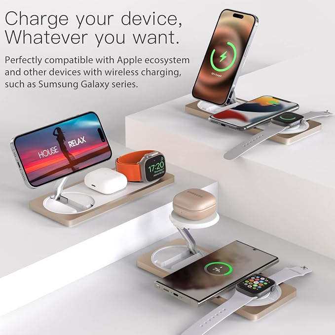 3 in 1 Wireless Charging Station for Apple Devices with MagSafe | For iPhone 17/Air/16/15/14/13/12, AirPods & Apple Watch, Foldable Portable Aluminum Charging Stand, Adapter Included - Image 5