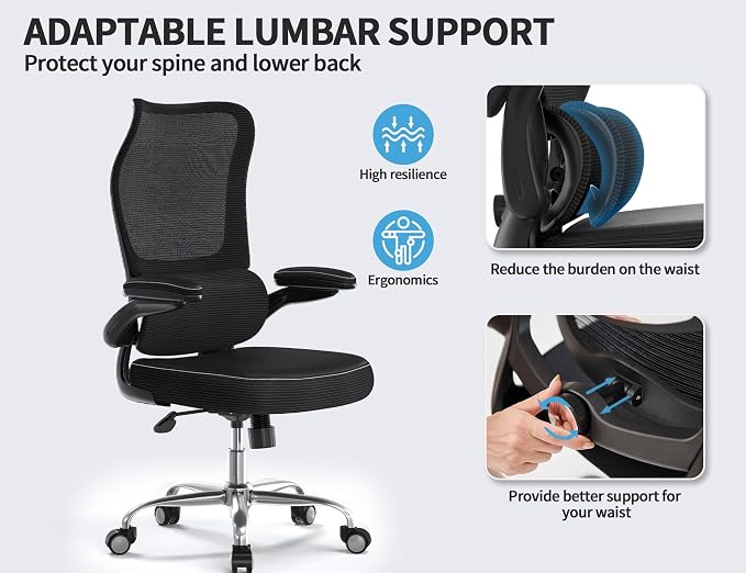 TRALT Office Chair Ergonomic Desk Chair - Gaming Chair with Lumbar Support | 330 LBS Home Office Desk Chairs , Reading Chair with Flip-up Armrests, Comfortable Computer Chairs (1, Black) - Image 4