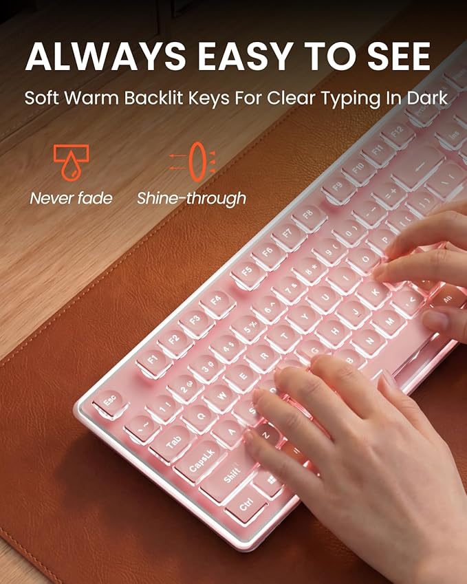 Wireless Keyboard and Mouse Combo with White Backlit Pudding Keycaps, Bluetooth & 2.4G, 2000mAh Rechargeable, Full Size, Metal Panel Quiet Computer Keyboard Set for Windows PC Desktop - Pink - Image 3