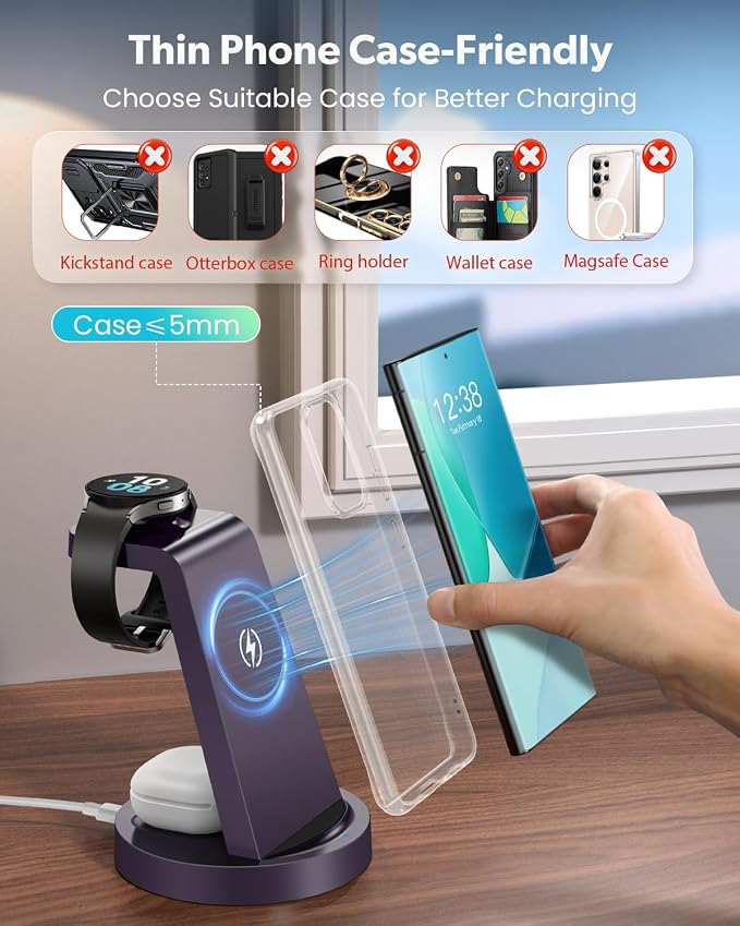 Wireless Charger for Samsung: 3 in 1 Wireless Charging Station | for Samsung Galaxy Watch 8 7 6 5 4 3 Pro S26 S25 S24 S23 S22 Ultra Z Fold Android, 18W adapter, Idea for Home Office Travel - Image 3
