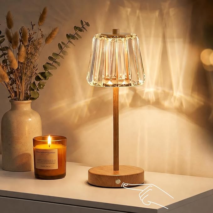 13" Small Crystal Cordless Table Lamp, Touch Rechargeable Desk Lamps | 3 Color Temps, Stepless Dimming, Wood Grain Portable Battery Operated LED Desk Lamps for Bedside, Nightstand, Kitchen, Patio - Image 2