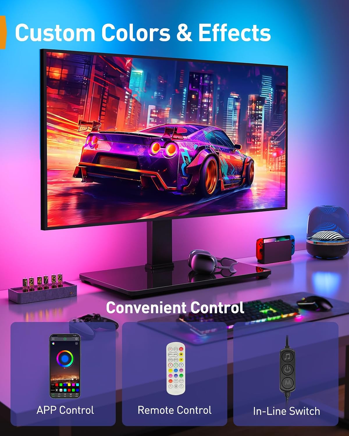 Perlegear Universal Swivel TV Stand with LED Lights for 30–70 inch TVs, Height Adjustable Table Top TV Stand with Tilt, Tempered Glass Base, Holds up to 88 lbs, Max VESA 400x400mm, PGTVS32B - Image 3