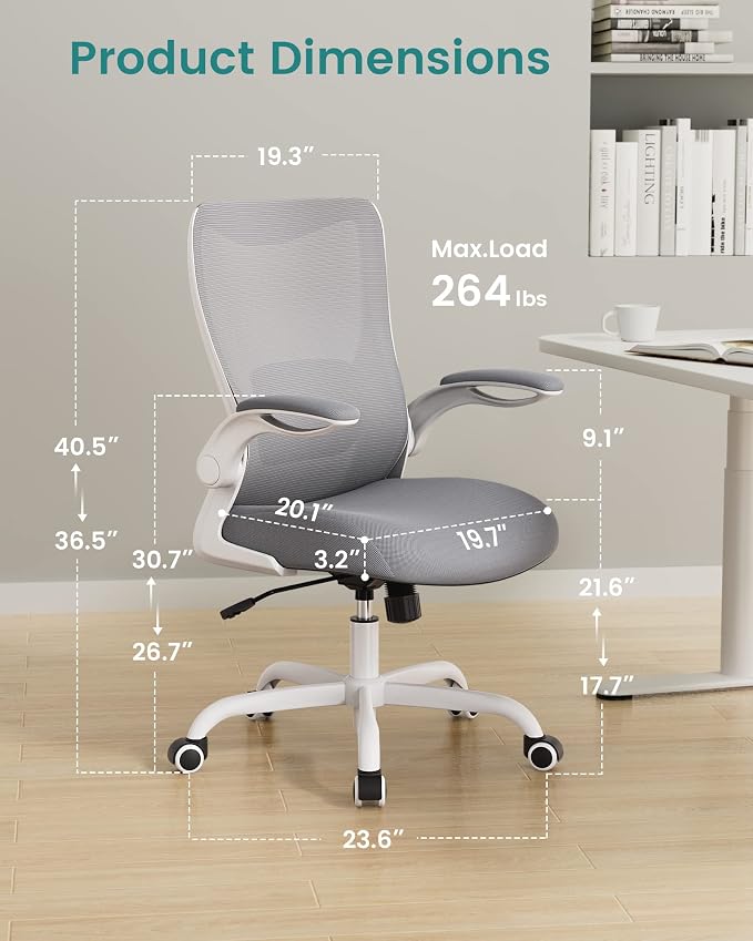 Office Chair, Ergonomic Desk Chair with Adjustable Lumbar Support and Flip up Armrest, Breathable Mesh Computer Chair for Home Office, Gray - Image 2