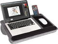 Cyberguys Comfort Lap Desk for Laptop up to 15.6 in – Black with Charcoal | Grey Wood Overlay with Mouse Pad, Phone & Tablet Slot, Dual Cushion Base, Wrist Rest & Carry Handle for Bed Desk Couch Sofa by Cyberguys