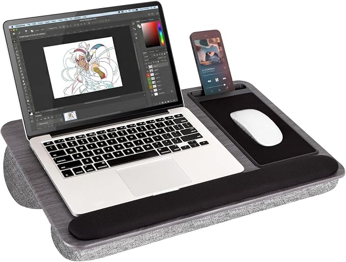 Cyberguys Comfort Lap Desk for Laptop up to 15.6 in – Black with Charcoal | Grey Wood Overlay with Mouse Pad, Phone & Tablet Slot, Dual Cushion Base, Wrist Rest & Carry Handle for Bed Desk Couch Sofa by Cyberguys