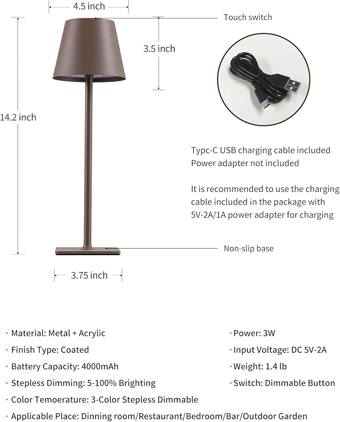 KDG 2 Pack Cordless Brown Table Lamps, Rechargeable Portable LED Desk Lamps | 4000mAh Battery Operated 3 Color Stepless Dimming Up for Restaurant, Bedroom, Outdoor Party, Camping, Coffee Shop, Nightlight - Image 5
