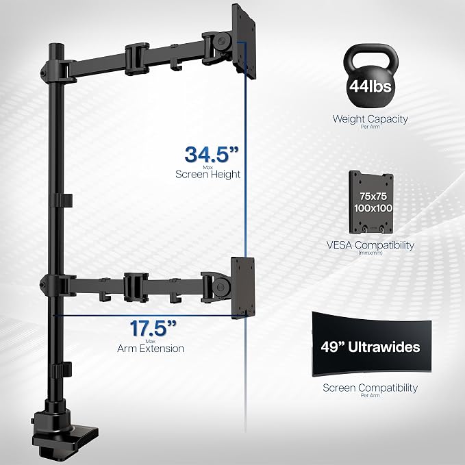 VIVO Dual Ultra-Wide Monitor Extra Tall Desk Mount for up to 49 inch Ultrawides, Clamp-on Adjustable Stand Holds 44 lbs per Screen, VESA up to 100x100mm, Black, STAND-V120T - Image 6