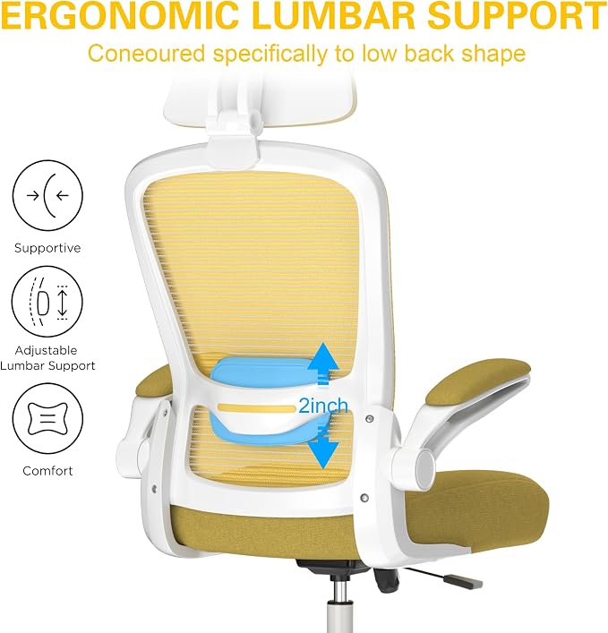 Mimoglad Office Chair, High Back Ergonomic Desk Chair with Adjustable Lumbar Support and Headrest, with flip-up Armrests for Guitar Playing, 5 Years Warranty (Modern, Golden Light) - Image 4