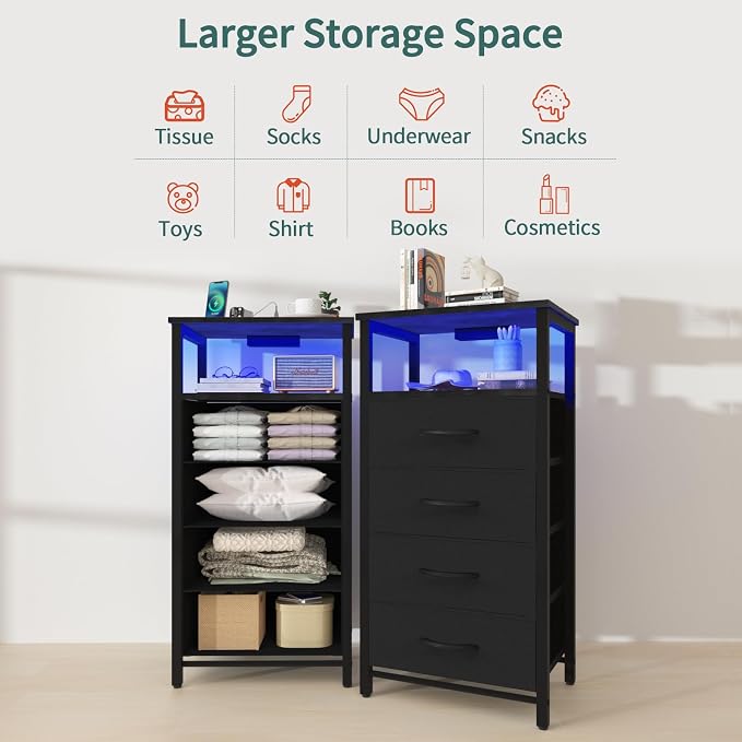 Yoobure Night Stand - Black Nightstand with Charging Station, Small Dresser | Bedside Table with 4 Fabric Drawers and Storage Shelf, LED End Table, Vertical Dressers with USB Ports and Outlets - Image 5