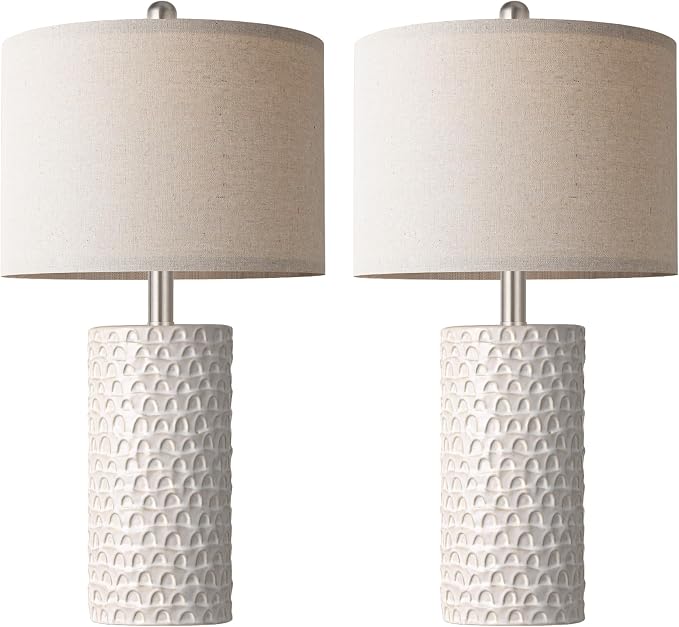 23" Modern Ceramic Table Lamp Set of 2, Table Lamps for Living Room, Rustic Farmhouse Bedside Lamps Nightstand lamp for Bedroom, White Desk Lamp for End Table Home Decor Beige - Image 2
