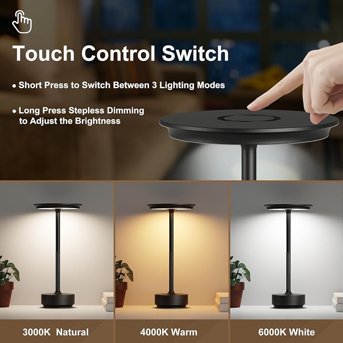 1 Pack Cordless Table Lamps Rechargeable, 5000mAh LED Table Light | Portable 3 Color Stepless Dimming Battery Powered Table Lamp with Memory Function for Restaurant/Home/Outdoor.(Black) - Image 2